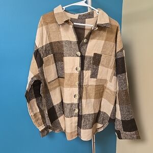 Size 2XL Women's Shacket Thick Flannel Long Sleeve Button Down Shirt Brown Cream